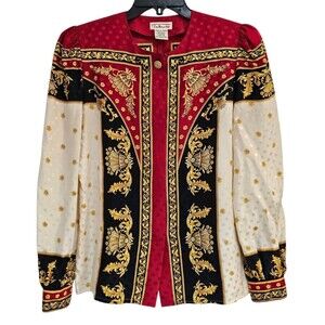 Vintage Talbots Silk Blouse Baroque Womens 6 Rococo Crest Scarf Print Shirt Top